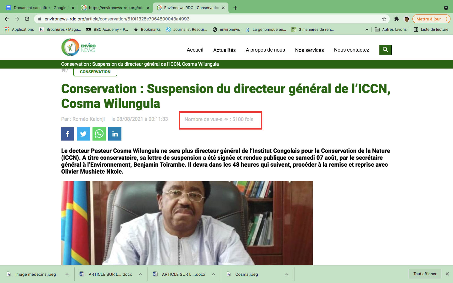 Conservation : Avec plus de 5000 lectures dans moins de 24h, l’article de suspension du Dg de l’ICCN a battu le record d’Environews