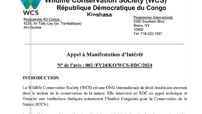 Opportunité : WCS lance un appel à Manifestation d ‘Intérêt n°002 /FY24/KO/WCS-RDC/2024