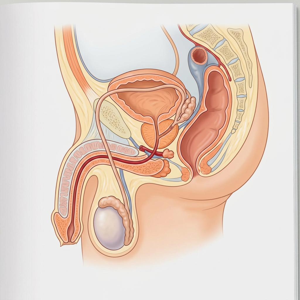 Sagittal diagram of male reproductive and urinary anatomy