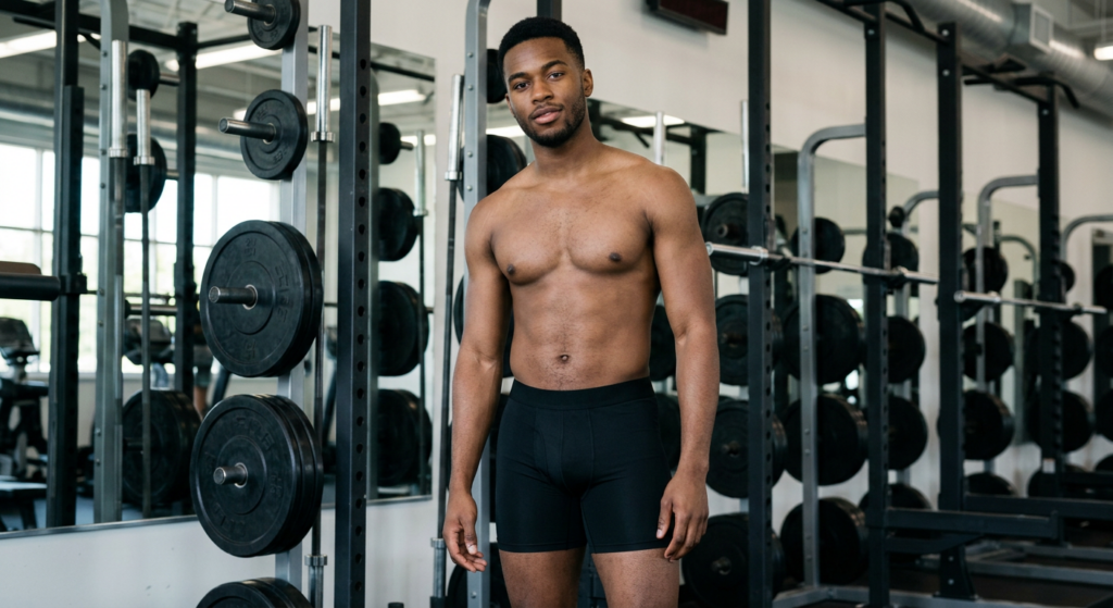 Muscular man standing shirtless beside loaded squat racks in a gym