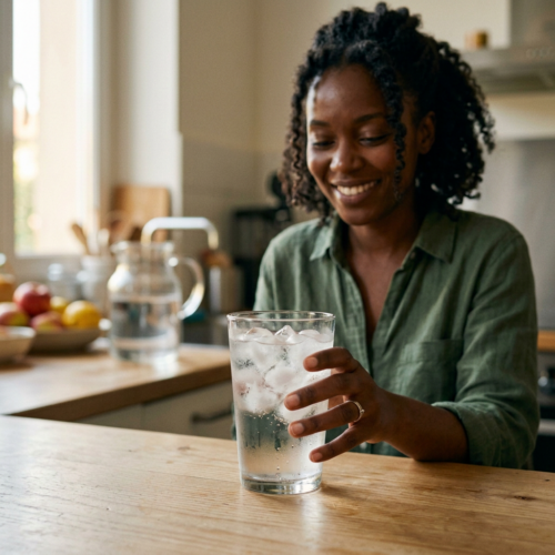 Woman holding a glass of ice-filled sparkling water in a kitchen